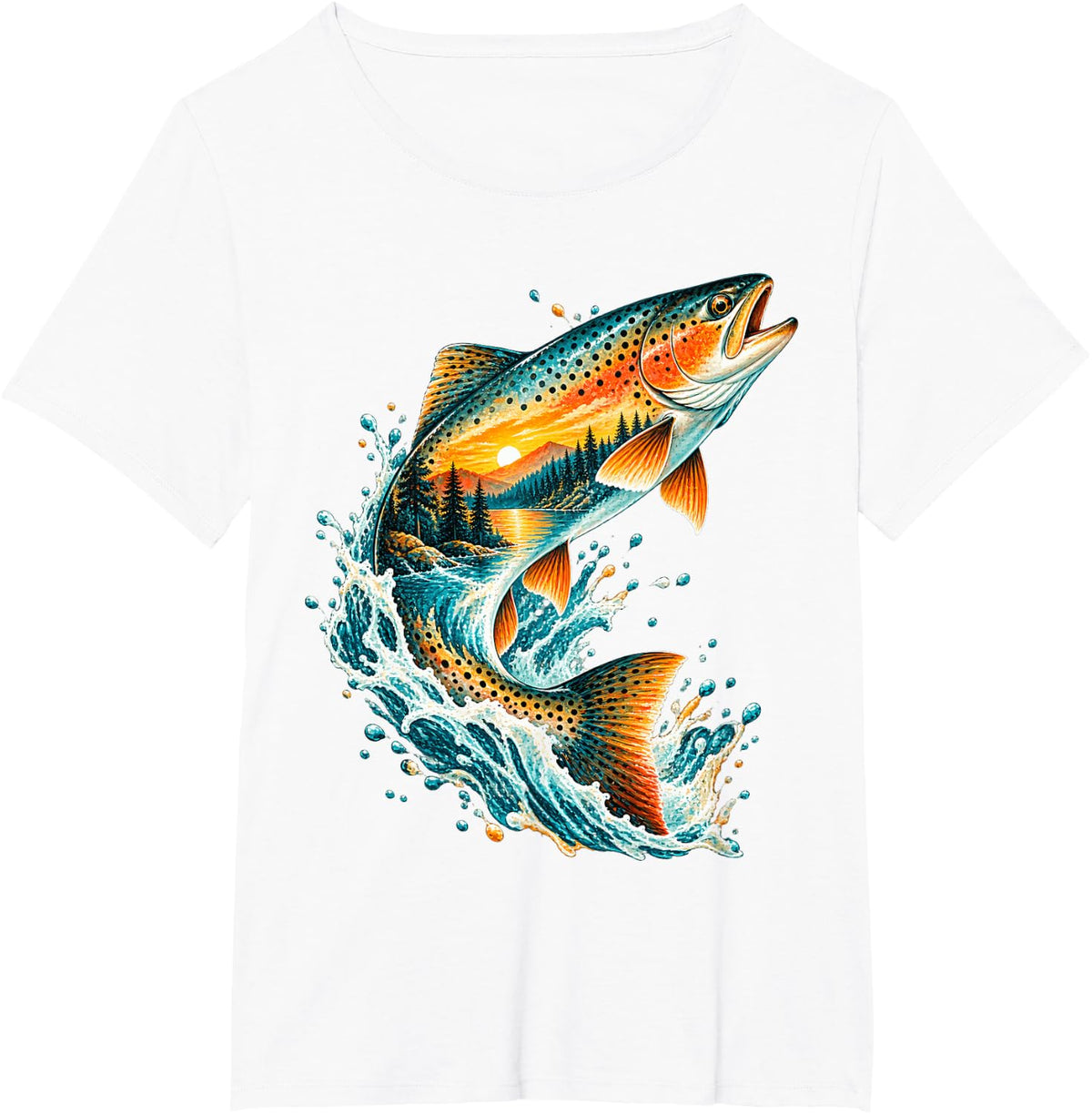 Leaping Trout with Sunset Mountain Scene T-Shirt - White