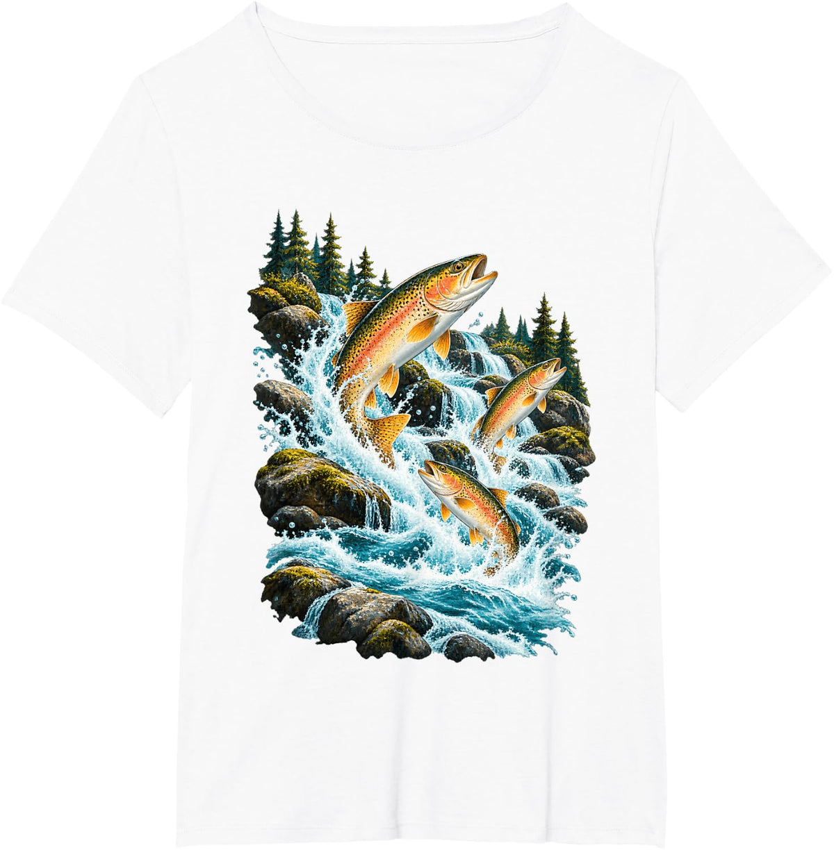 Three Leaping Trout in Forest Waterfall T-Shirt - White
