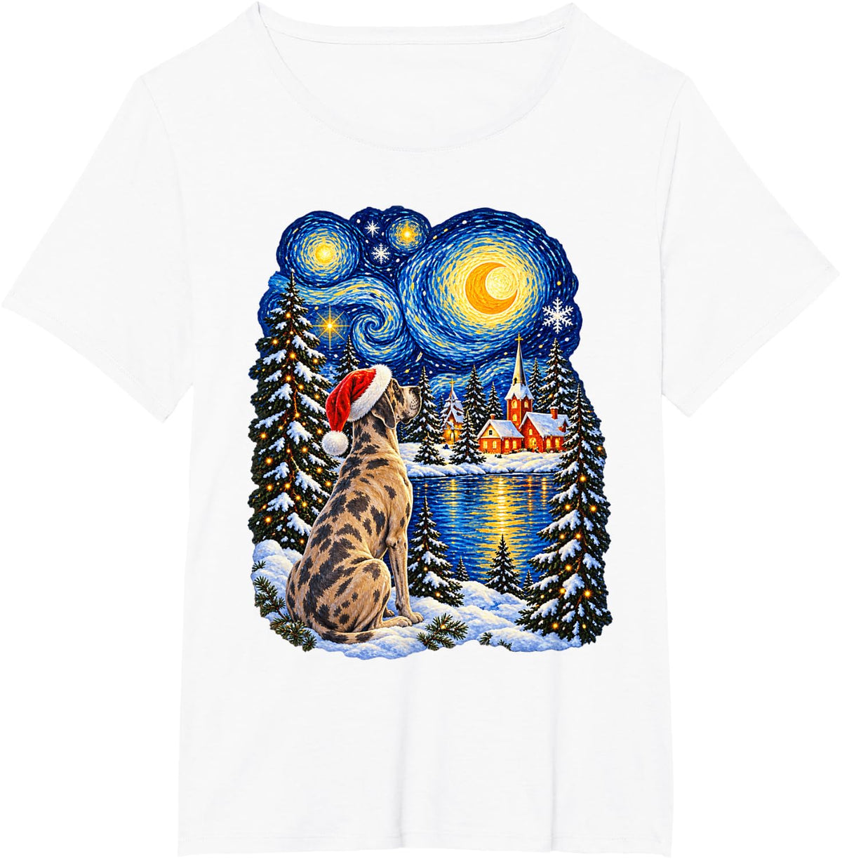 Christmas Great Dane Dreamy Santa Hat Winter Stars Men Women T-Shirt - White