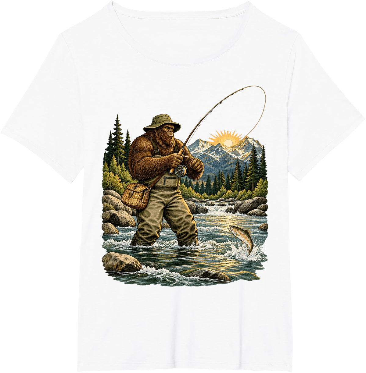 Bigfoot Fly Fishing Vintage Engraving Sasquatch Fisherman T-Shirt - White
