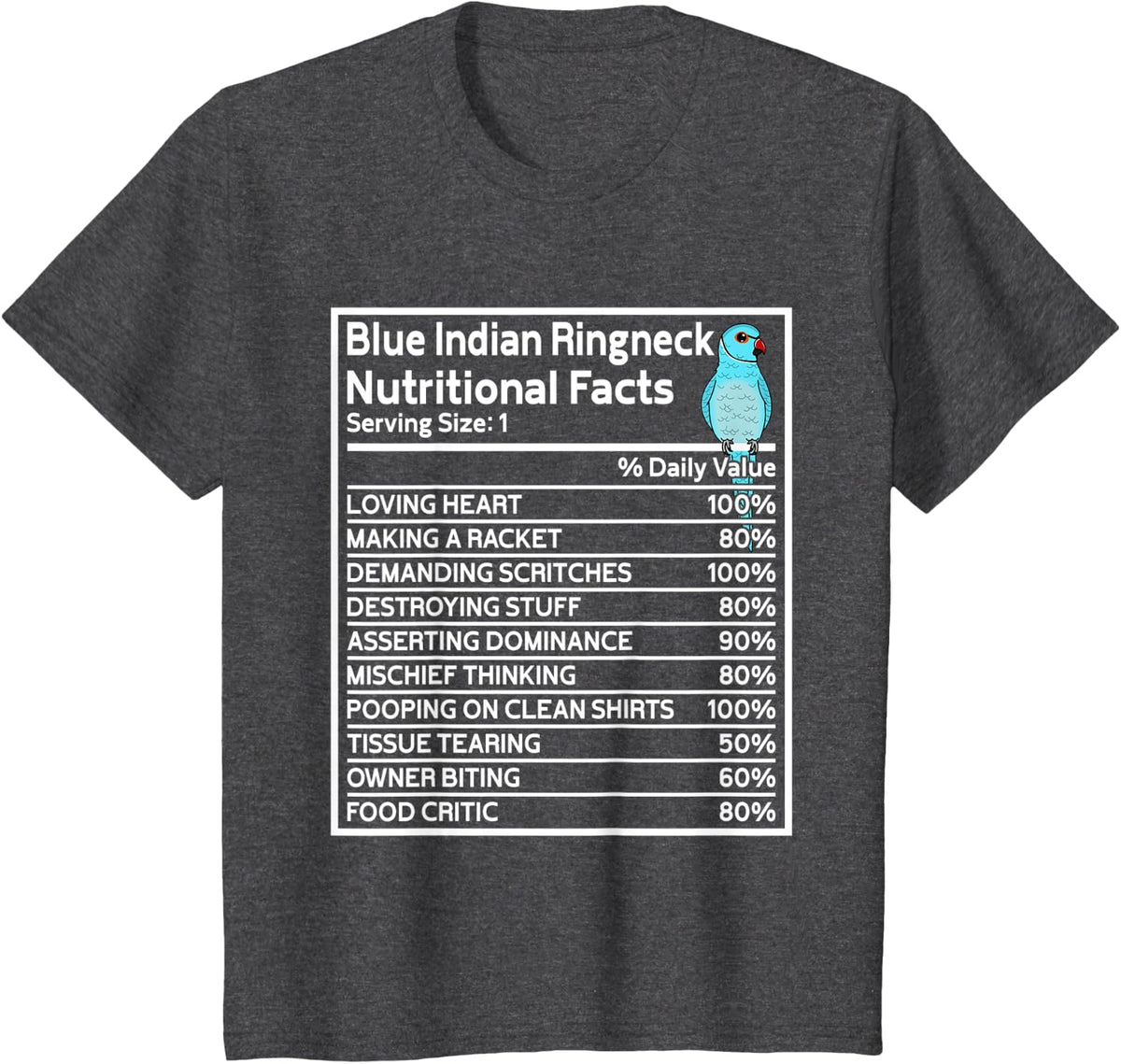 Parrot Nutritional Facts I Blue Indian Ringneck T-Shirt - Dark Heather Grey