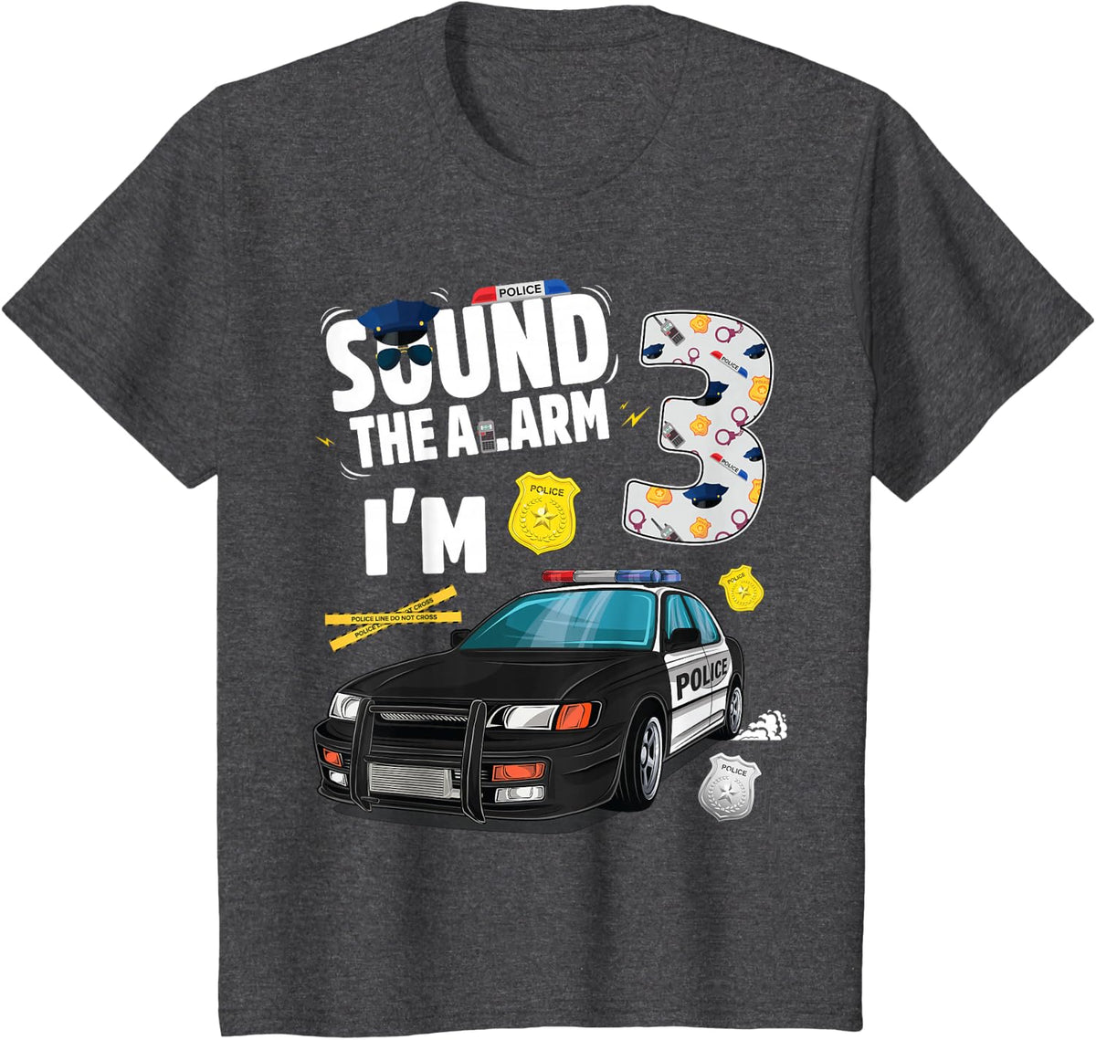 Kids Police Car 3rd Birthday Boy 3 year old Cop Policeman Officer T-Shirt - Dark Heather Grey