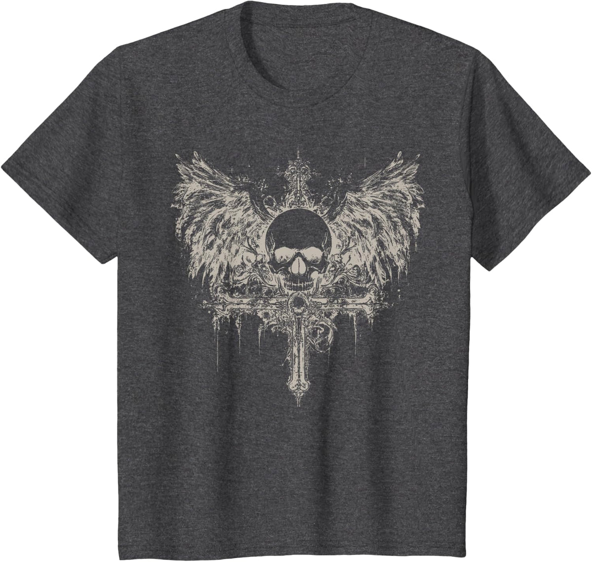 Skull Cross Y2K Goth Alt Grunge Aesthetic Gothic Emo Wings T-Shirt - Dark Heather Grey