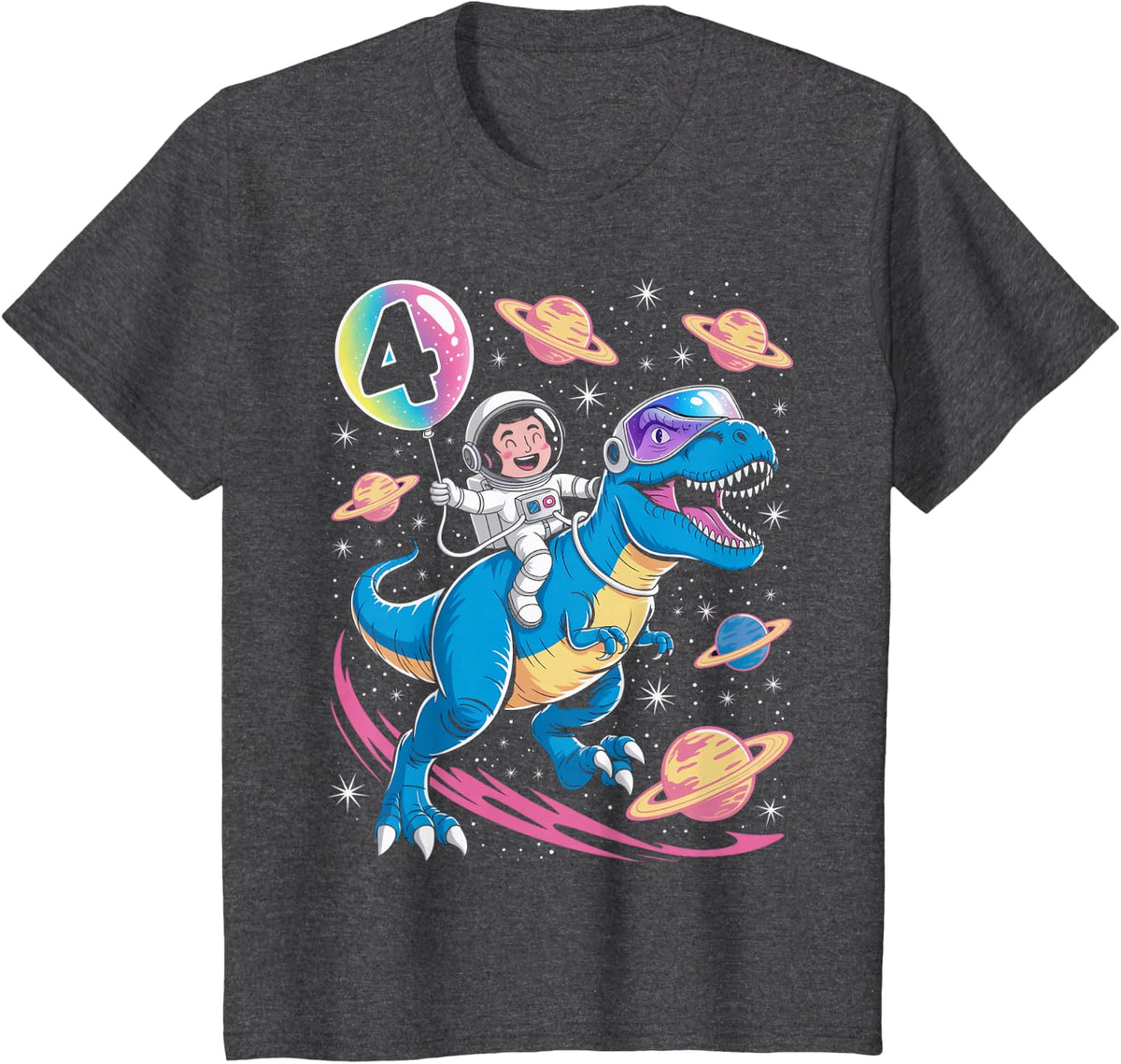 Astronaut Trex Dinosaur 4 Years Old Space Kids 4th Birthday Tee T-Shirt - Dark Heather Grey
