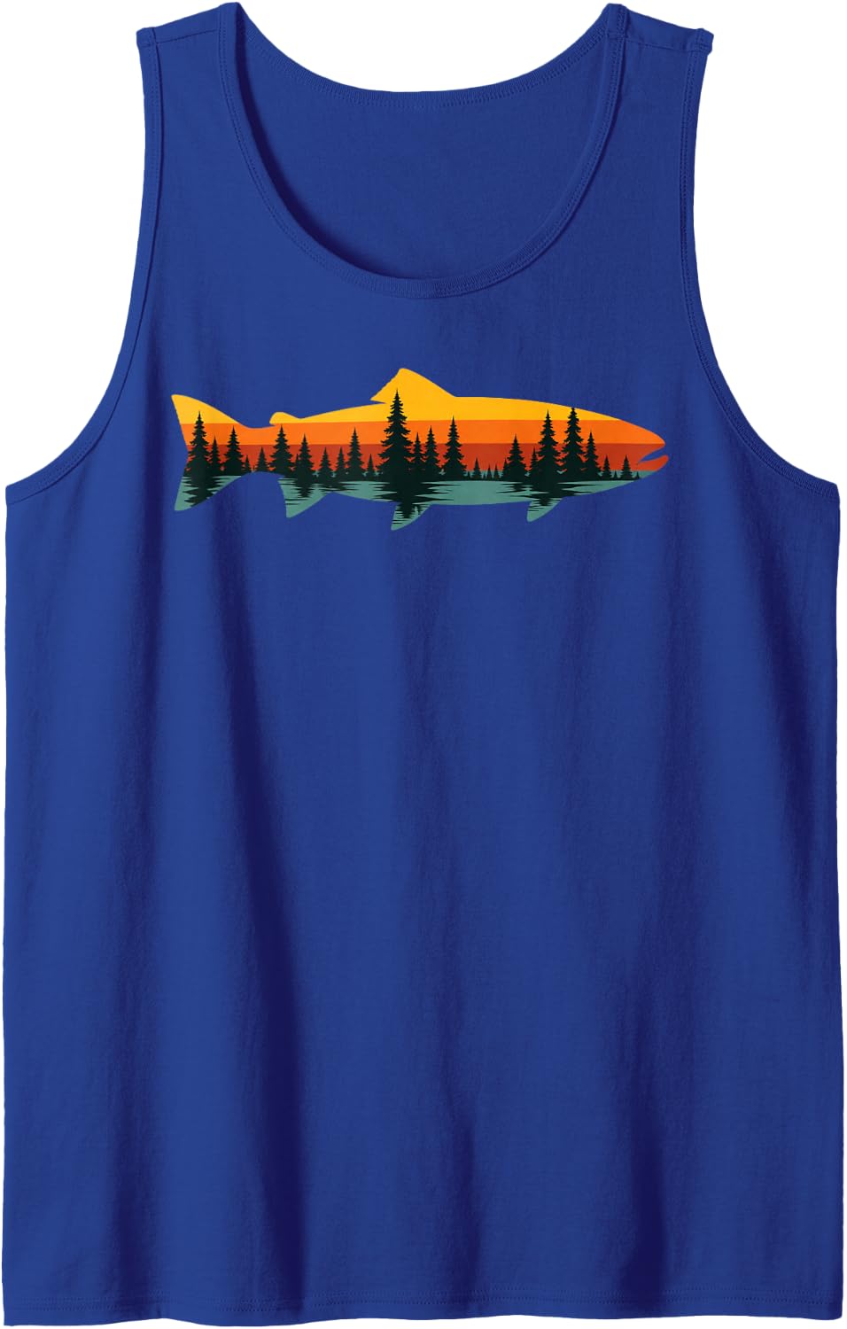 Mountain Fish Silhouette Fisherman Fishing Outdoor Sunset Sleeveless Tank Top - Royal Blue