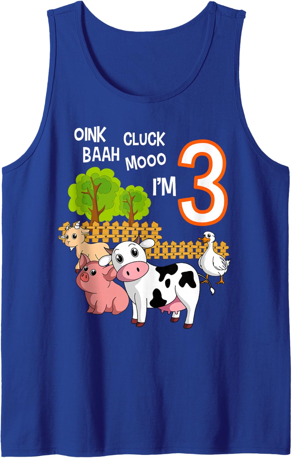 Oink Cluck Baah Mooo I'm 3 Farm Animal 3rd Birthday Party Sleeveless Tank Top - Royal Blue