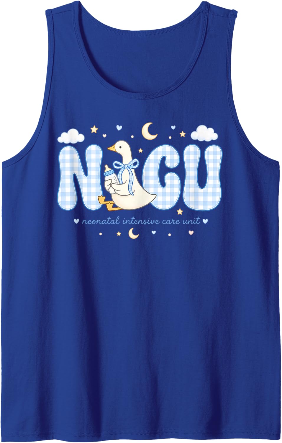 NICU Goose Blue Gingham Nursery Graphic Sleeveless Tank Top - Royal Blue