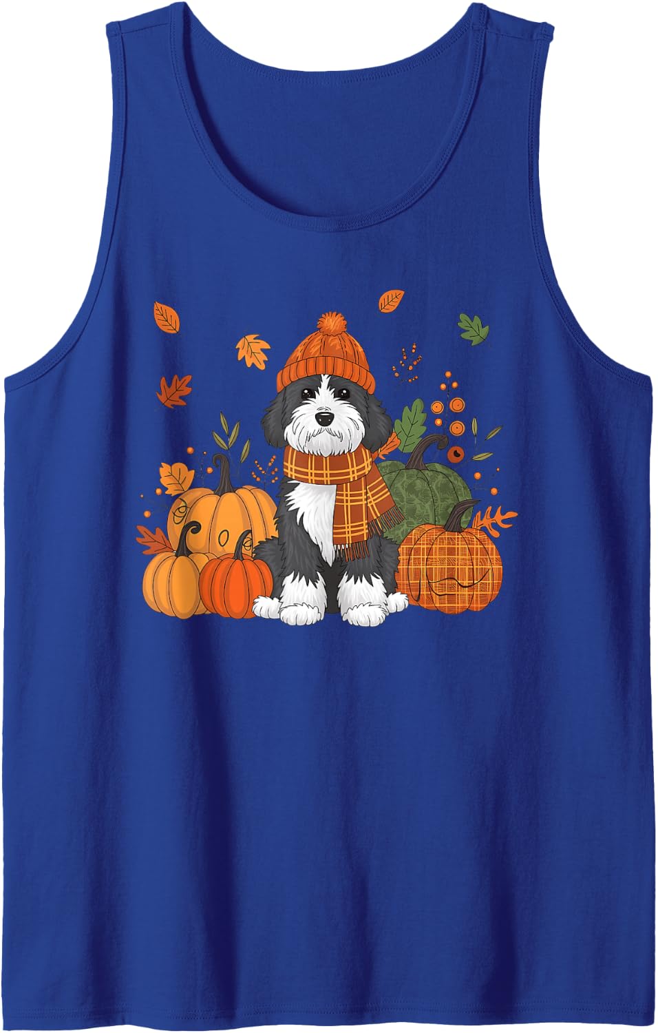 Bernedoodle Thanksgiving Leopard Pumpkins Fall Leaves Lover Sleeveless Tank Top - Royal Blue
