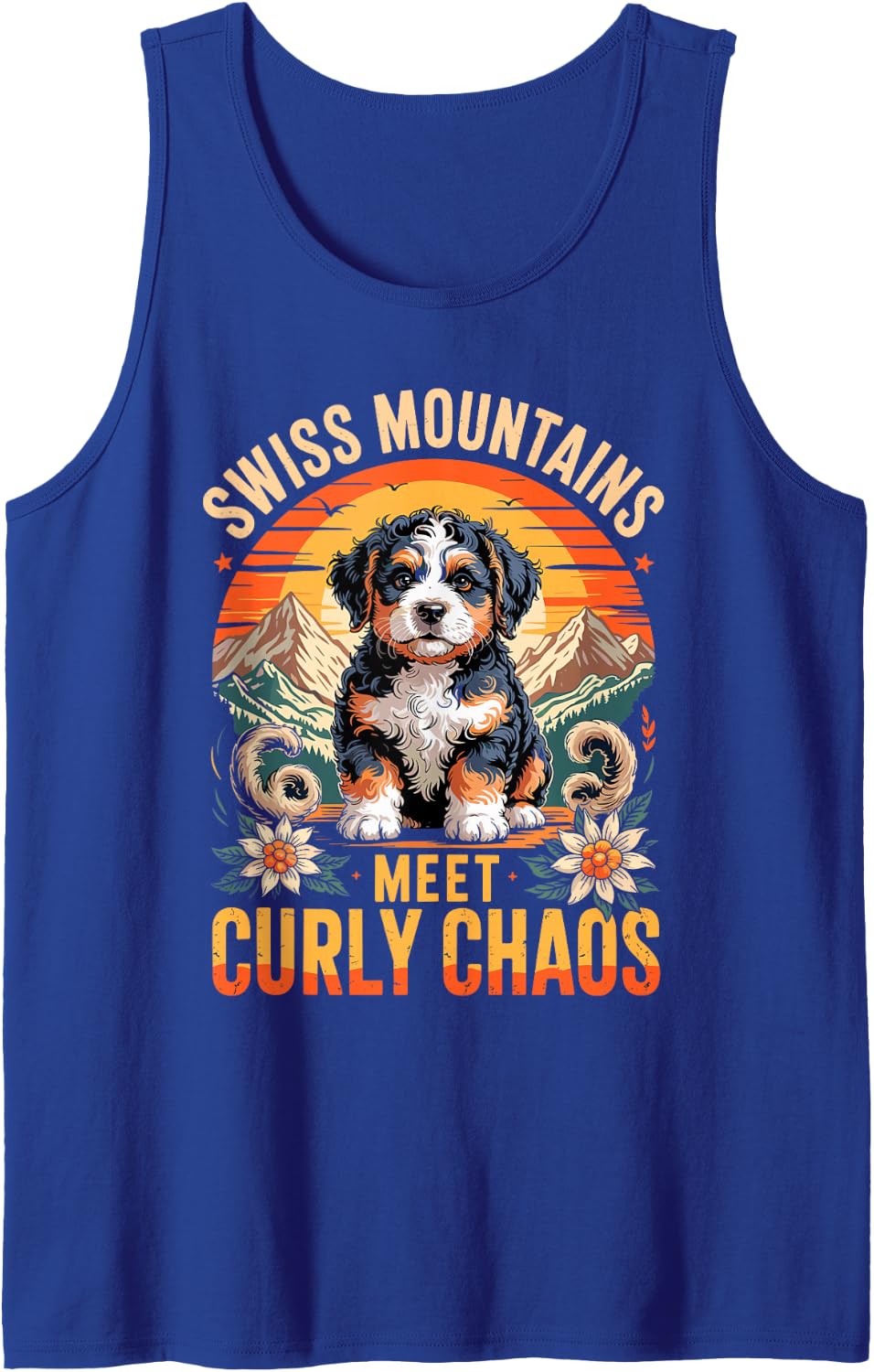 Swiss Mountains Meet Curly Chaos Bernedoodle Bernese Sleeveless Tank Top - Royal Blue