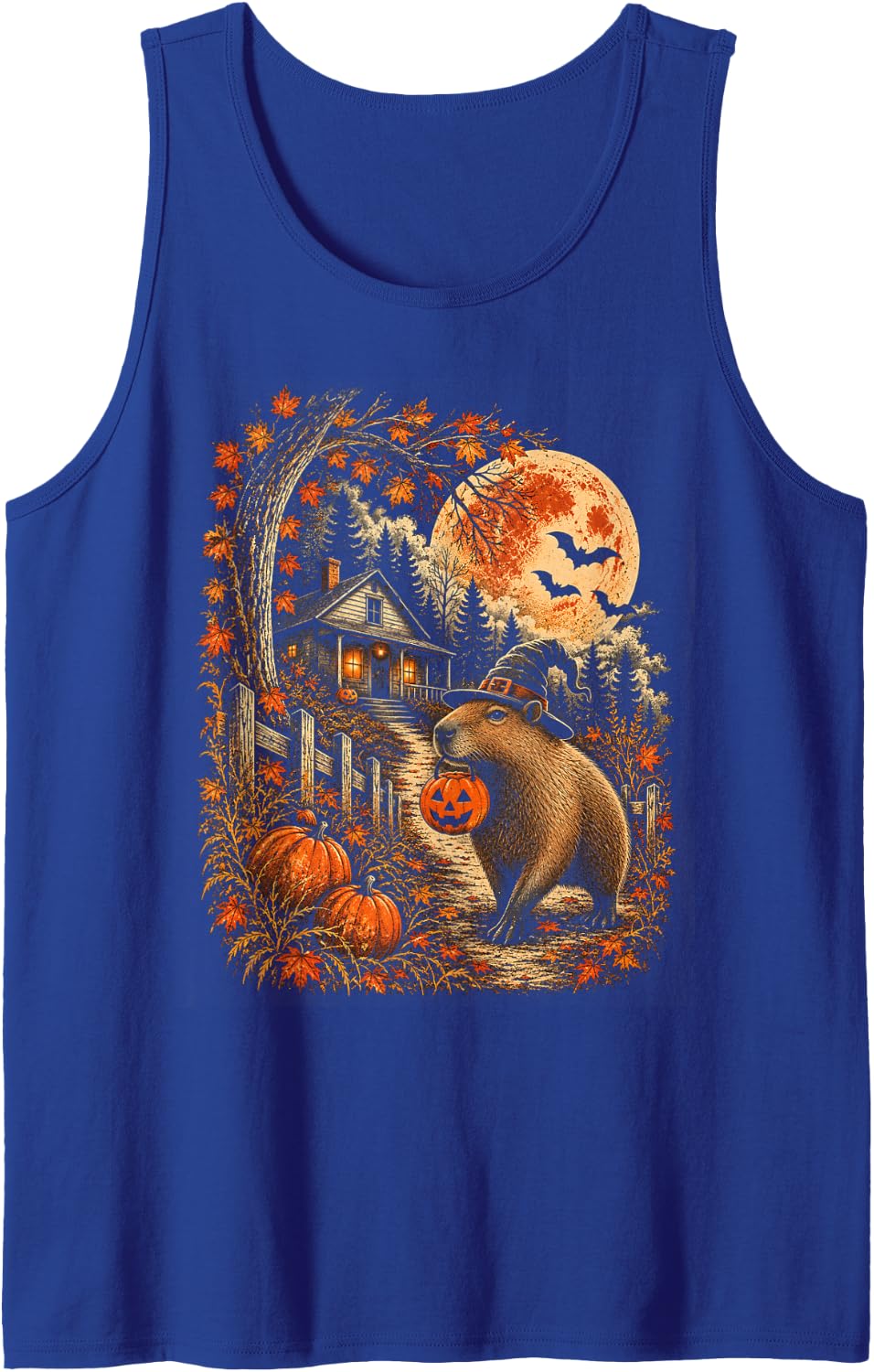 Vintage Capybara Pumpkin Halloween Moon Spooky Halloween Sleeveless Tank Top - Royal Blue