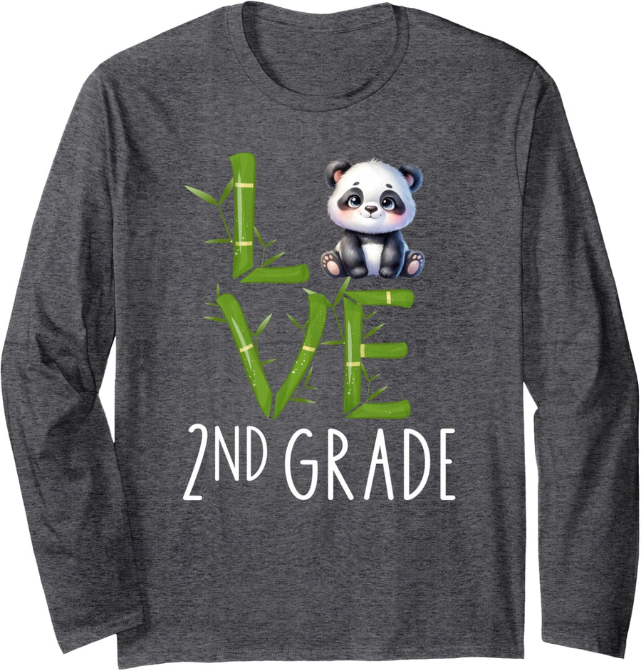 Love 2nd Grade Back to School Panda Bear 2nd Grade Teacher Long Sleeve T-Shirt - Adult Unisex Dark Heather Grey