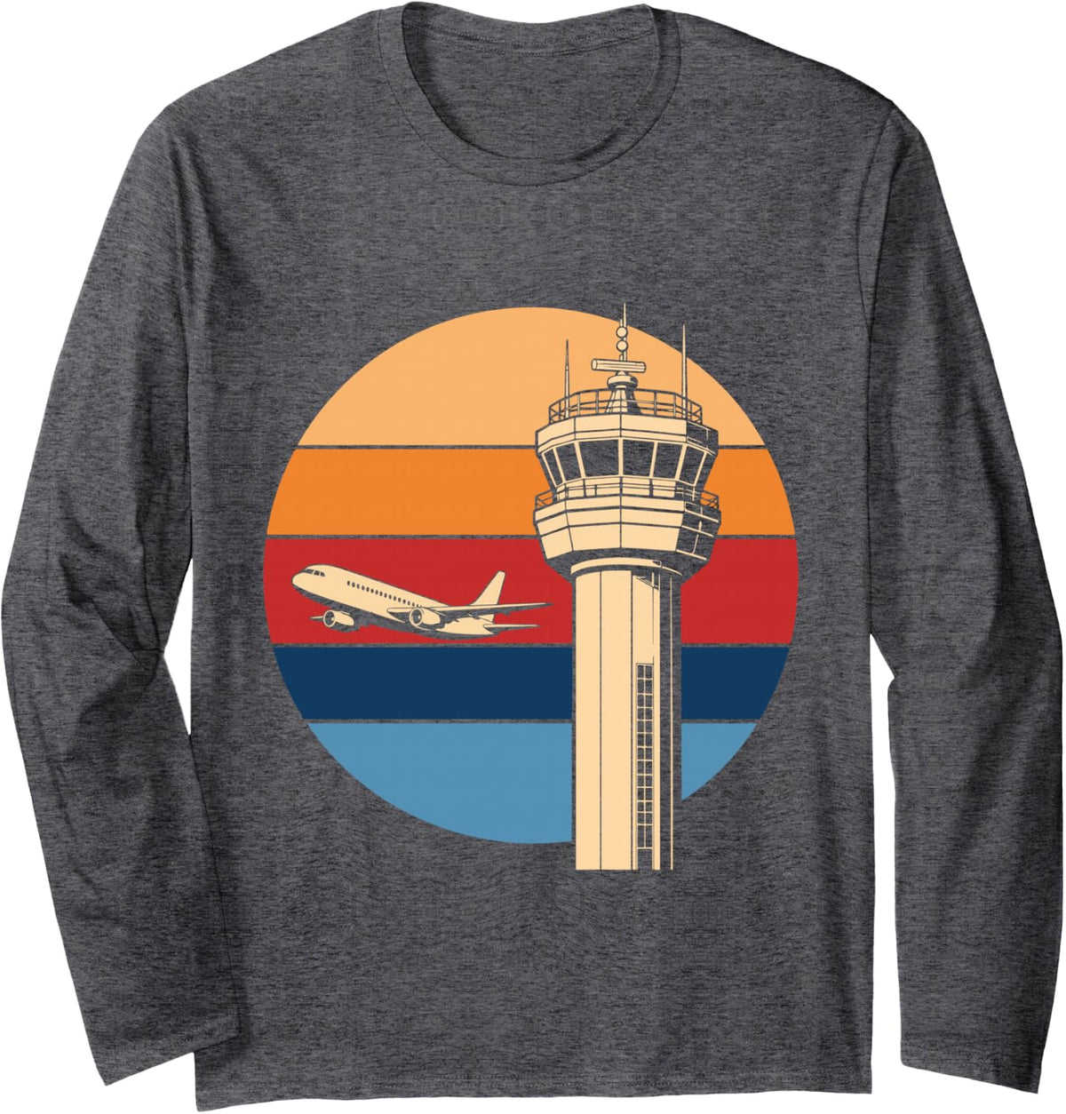 Retro Air Traffic Control Tower Airplane Aviation Long Sleeve T-Shirt - Adult Unisex Dark Heather Grey