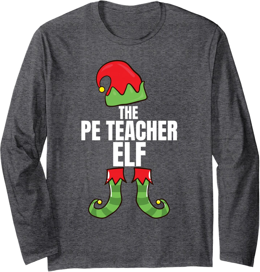 The PE Teacher Elf Matching Family Christmas Group Pajama Long Sleeve T-Shirt - Adult Unisex Dark Heather Grey