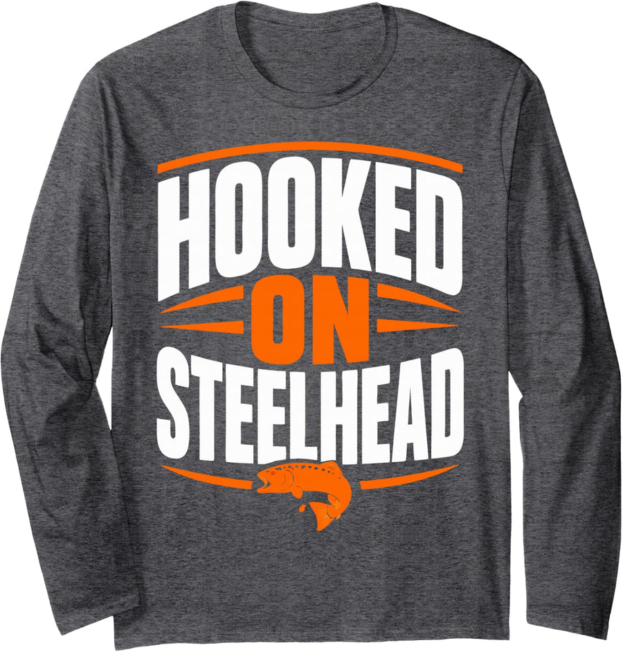 Steelhead Angler Fisherman River Fly Fishing Long Sleeve T-Shirt - Adult Unisex Dark Heather Grey