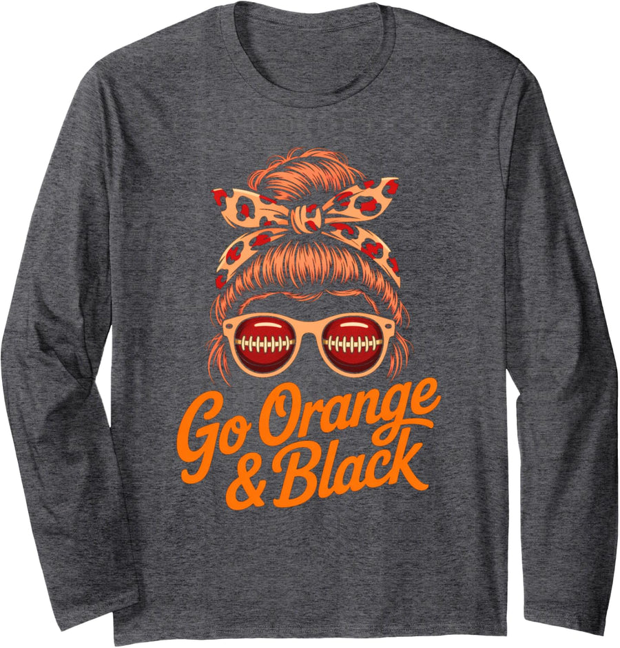 Vintage Let's GO Orange Black Football Mom High School Game Long Sleeve T-Shirt - Adult Unisex Dark Heather Grey
