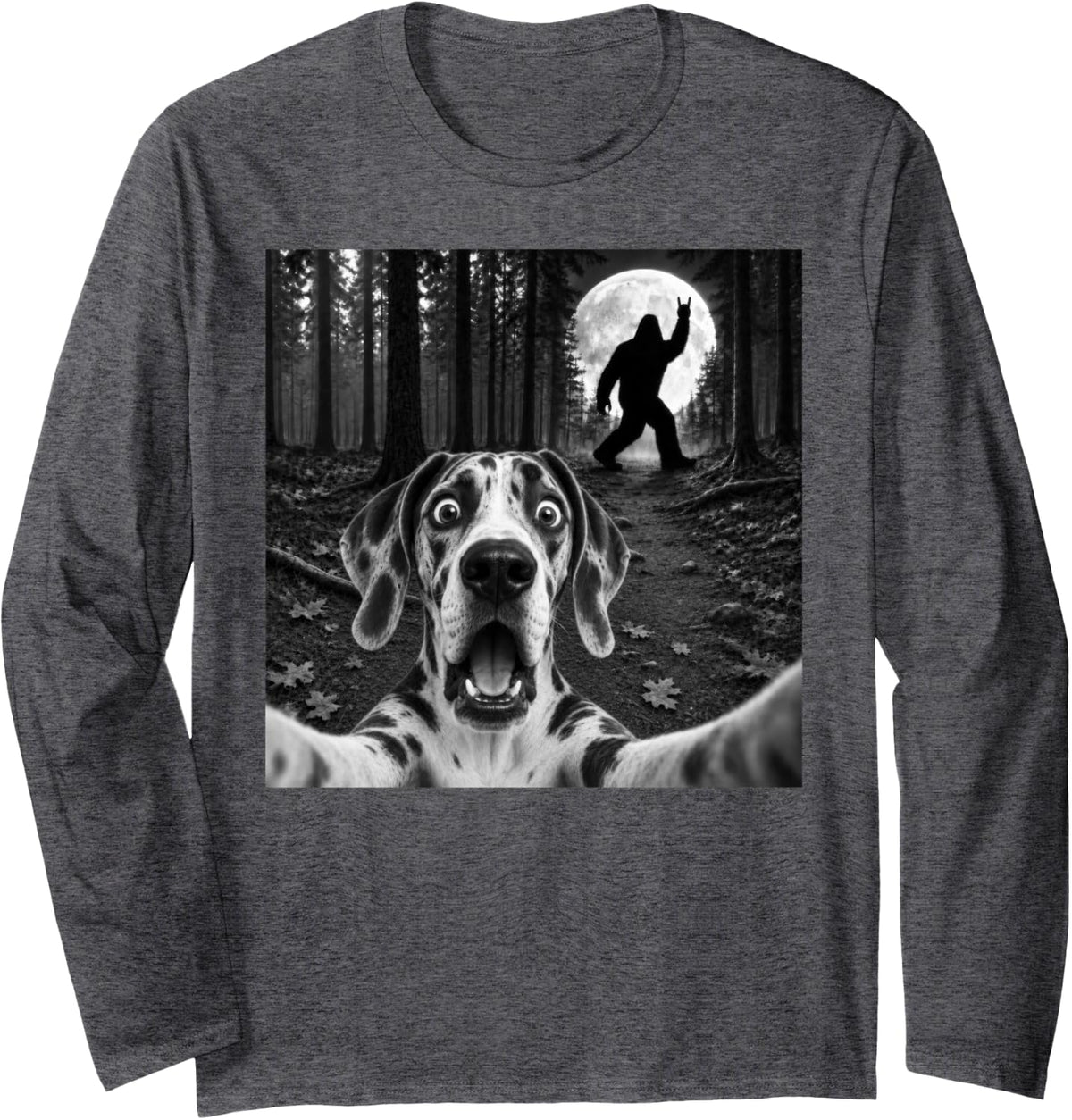 Great Dane Selfie with Bigfoot Rock and Roll Dog Sasquatch Long Sleeve T-Shirt - Adult Unisex Dark Heather Grey