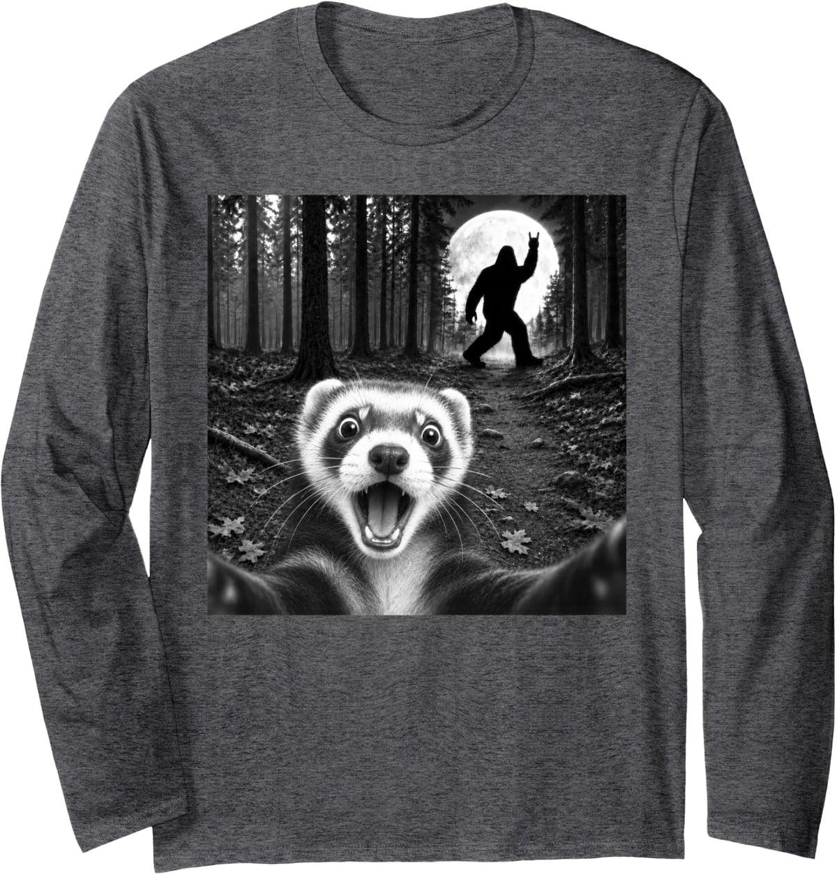 Ferret Selfie with Bigfoot Rock and Roll Sasquatch Long Sleeve T-Shirt - Adult Unisex Dark Heather Grey