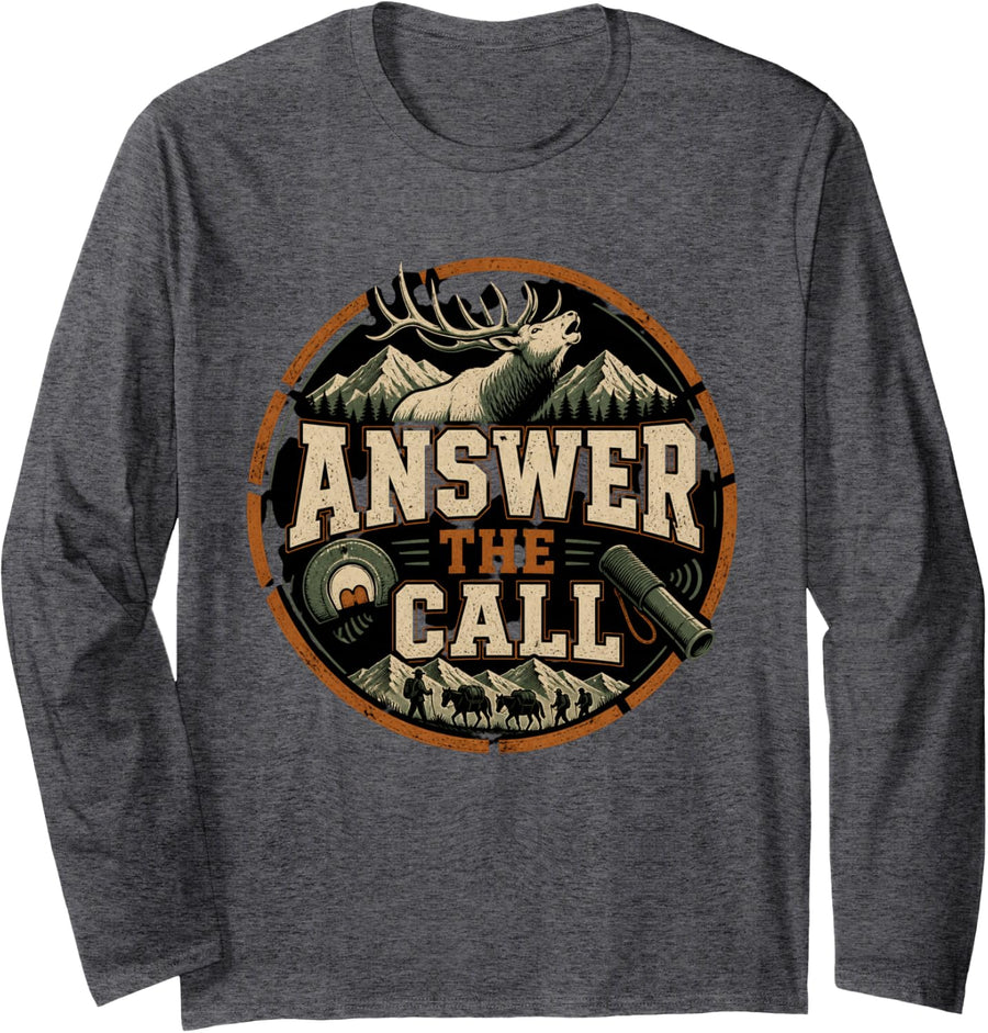 Answer The Call Elk Hunting Archery Bugle Season Long Sleeve T-Shirt - Adult Unisex Dark Heather Grey