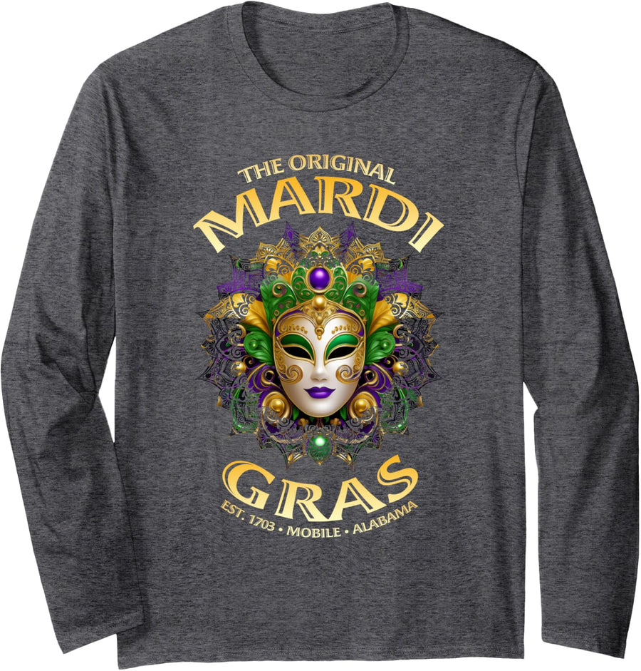 The Original Mobile Alabama Mardi Gras Long Sleeve T-Shirt - Adult Unisex Dark Heather Grey