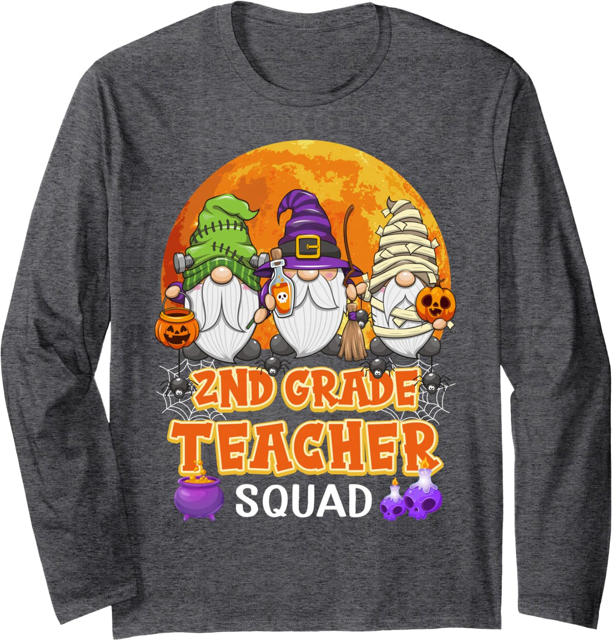 2nd Grade Teacher Squad Halloween Gnome Matching Long Sleeve T-Shirt - Adult Unisex Dark Heather Grey
