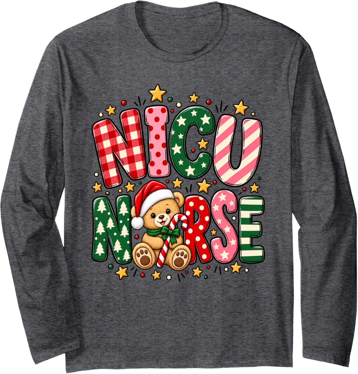 NICU Nurse Christmas Santa Bear Candy Cane Long Sleeve T-Shirt - Adult Unisex Dark Heather Grey