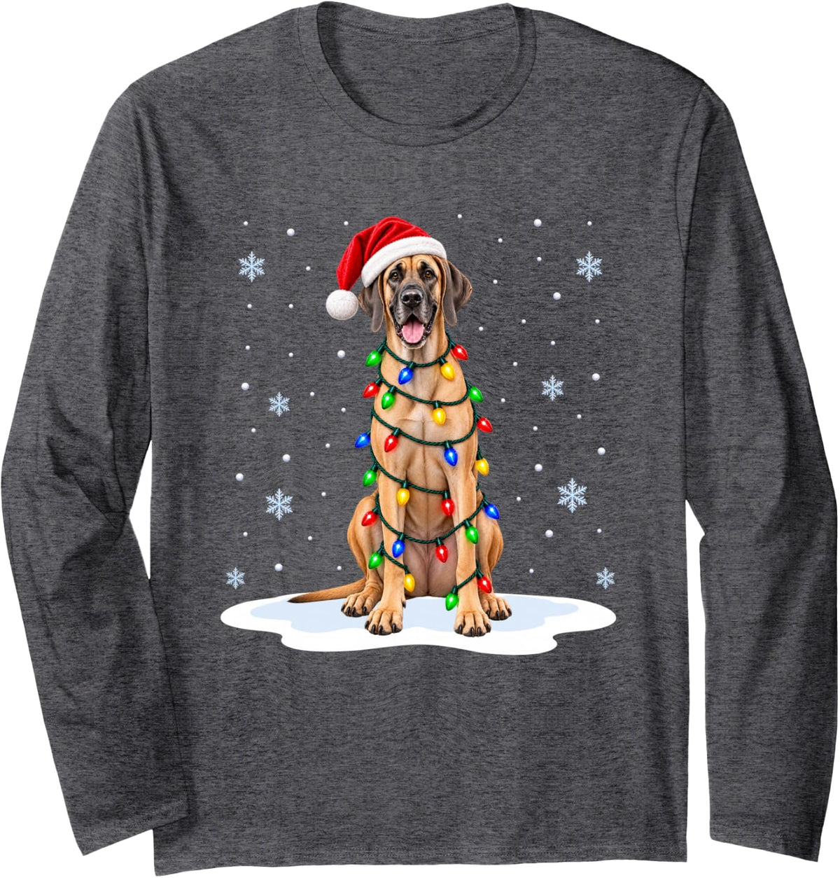 Great Dane Christmas Lights Pet Dog Animal Lover Xmas Long Sleeve T-Shirt - Adult Unisex Dark Heather Grey