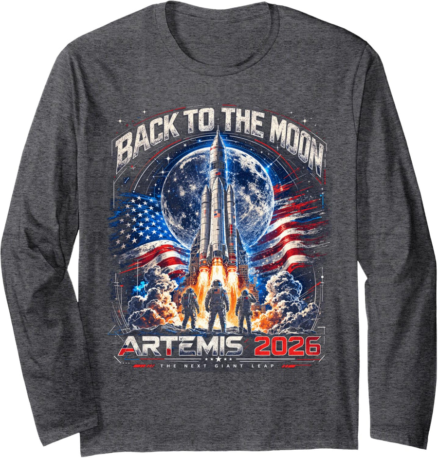 Back to The Moon Mission Artemis 2026 Rocket Space Vintage Long Sleeve T-Shirt - Adult Unisex Dark Heather Grey