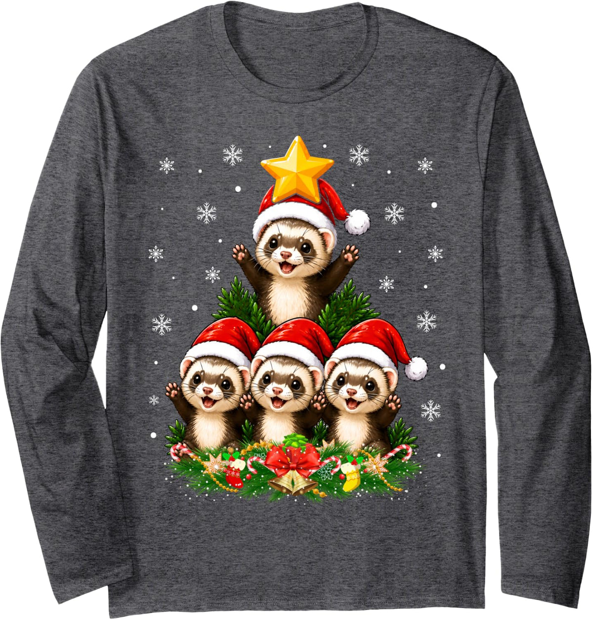 Ferret Christmas Tree Cute Animal Festive Cheer Ferret Xmas Long Sleeve T-Shirt - Adult Unisex Dark Heather Grey