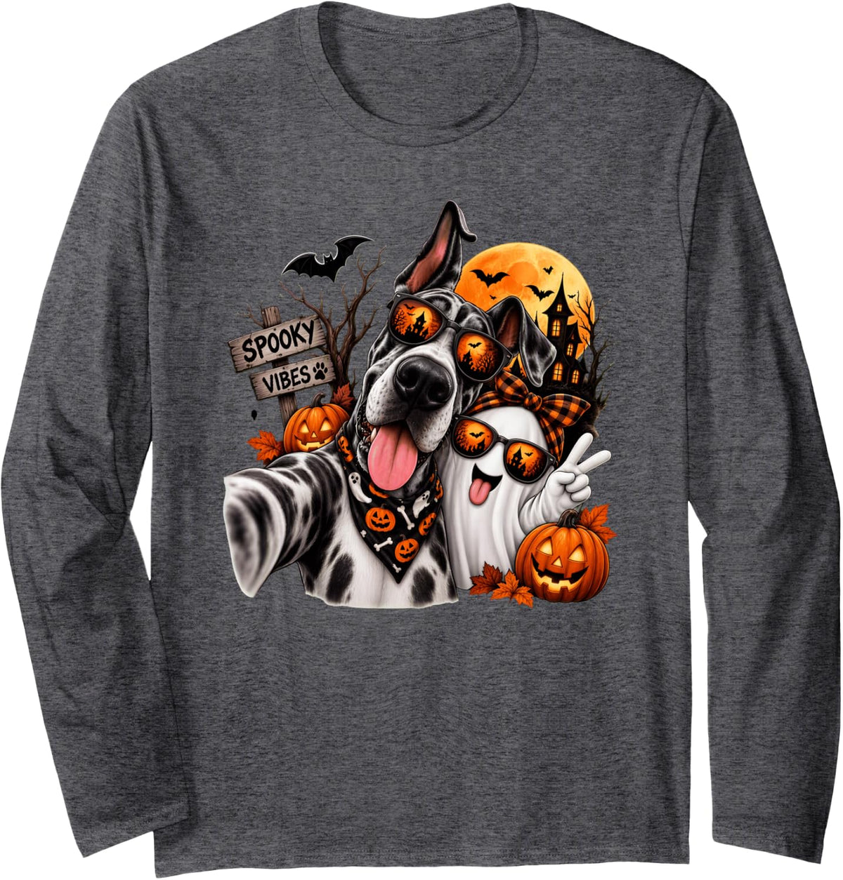 Spooky Great Dane Selfie with Ghost Halloween Dog Design Long Sleeve T-Shirt - Adult Unisex Dark Heather Grey