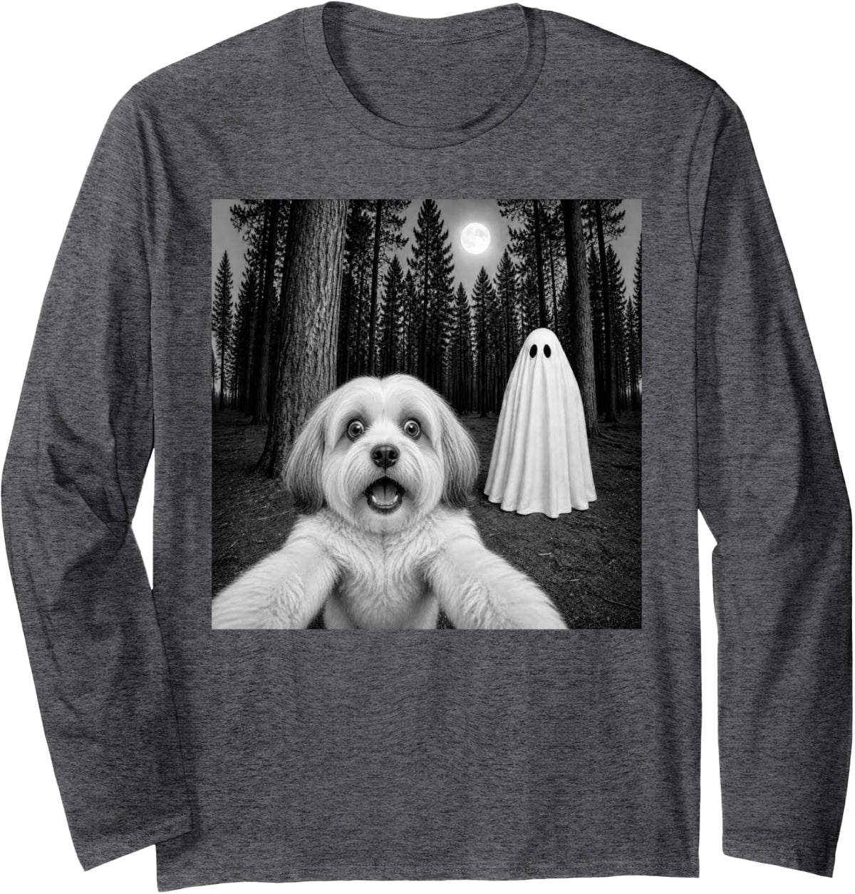 Spooky Havanese Selfie with Ghost Halloween Dog Long Sleeve T-Shirt - Adult Unisex Dark Heather Grey