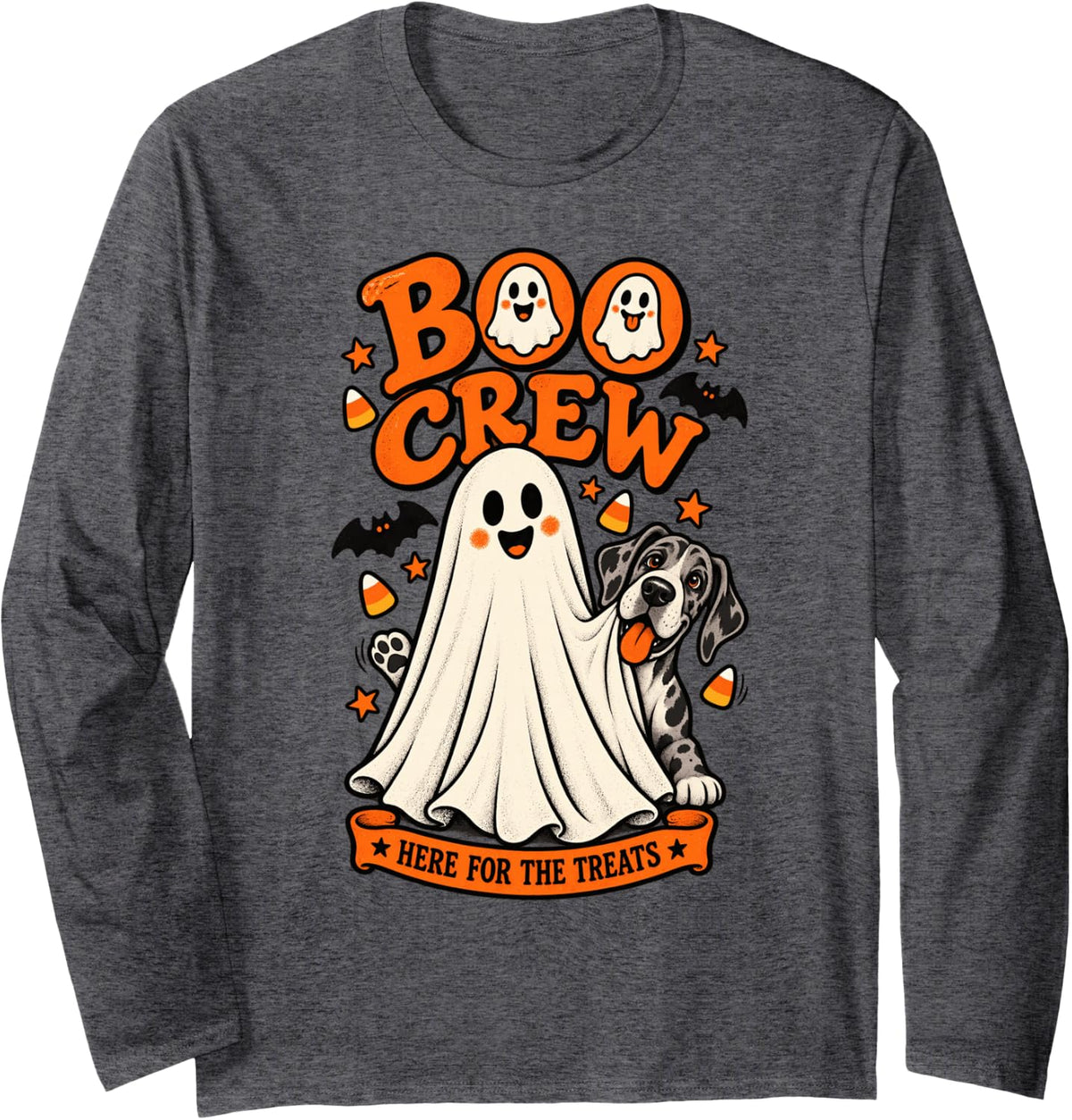 Great Dane Boo Crew Here for the Treats Halloween Costume Long Sleeve T-Shirt - Adult Unisex Dark Heather Grey