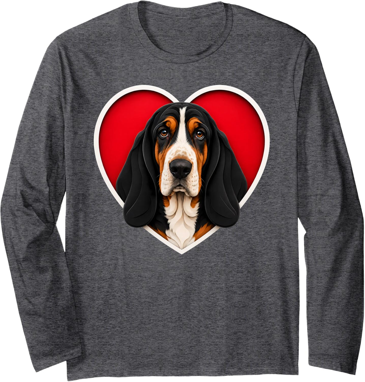 Tri-Color Basset Hound Heart Long Sleeve T-Shirt - Adult Unisex Dark Heather Grey