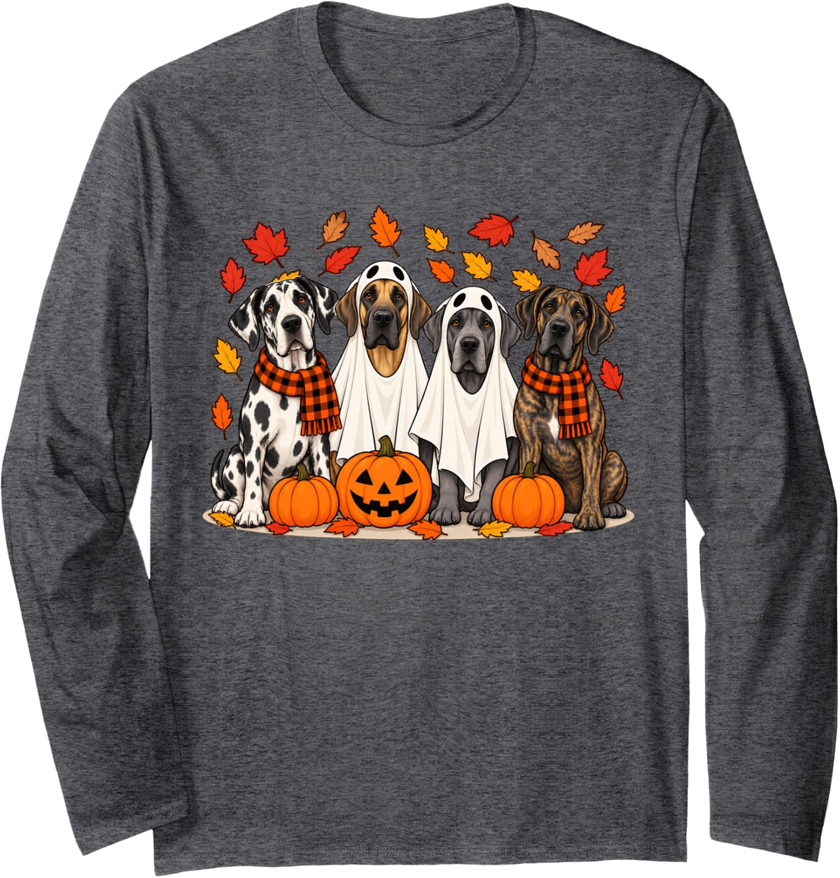 Great Dane Ghost Fall Autumn Thanksgiving Halloween Long Sleeve T-Shirt - Adult Unisex Dark Heather Grey