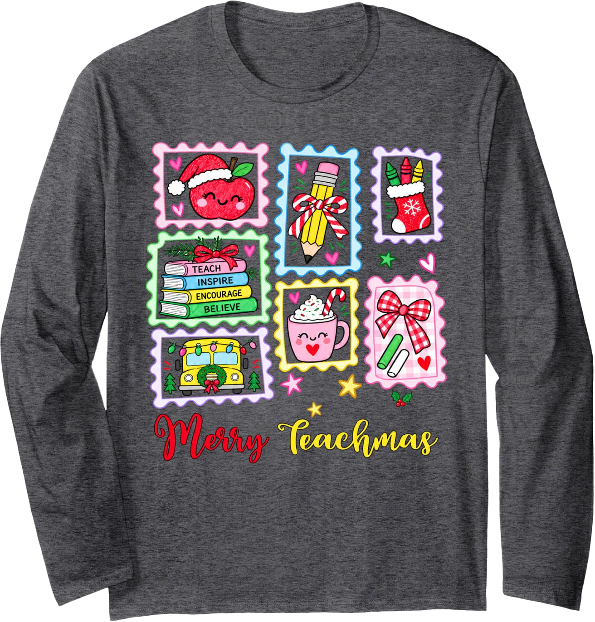 Merry Teachmas Santa Stamps Xmas Women Men Kids Long Sleeve T-Shirt - Adult Unisex Dark Heather Grey