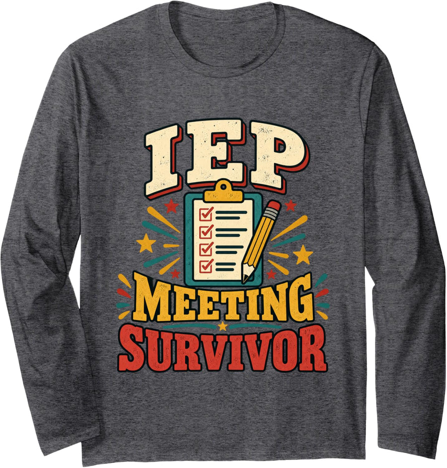 IEP Meeting Survivor Checklist Retro SPED Teacher Humor Long Sleeve T-Shirt - Adult Unisex Dark Heather Grey