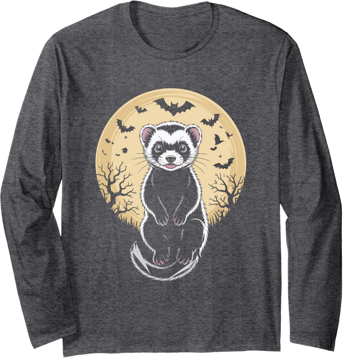 Ferret Halloween Moon Silhouette Long Sleeve T-Shirt - Adult Unisex Dark Heather Grey