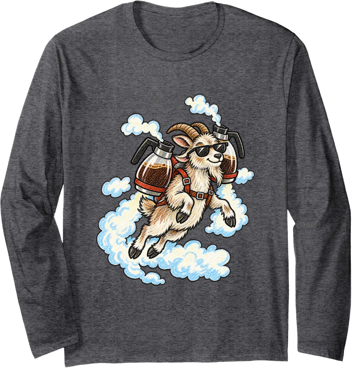 Goat Flying Coffee Jetpack Funny Animal Meme Long Sleeve T-Shirt - Adult Unisex Dark Heather Grey