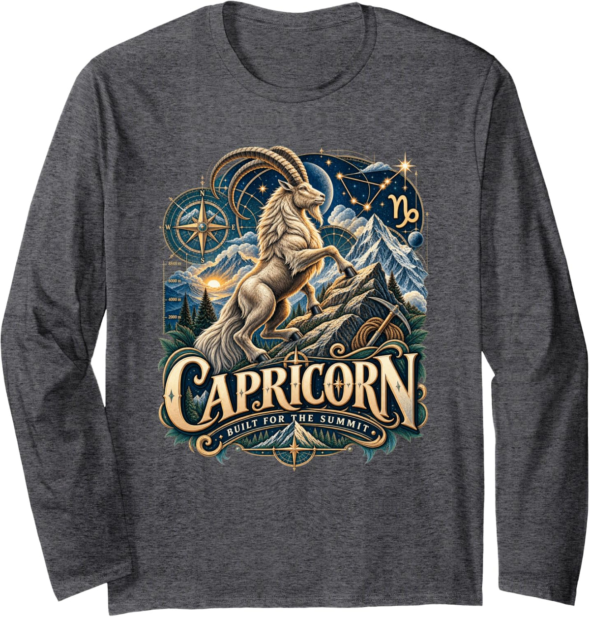 Capricorn Built for the Summit Goat Zodiac Astrology Long Sleeve T-Shirt - Adult Unisex Dark Heather Grey