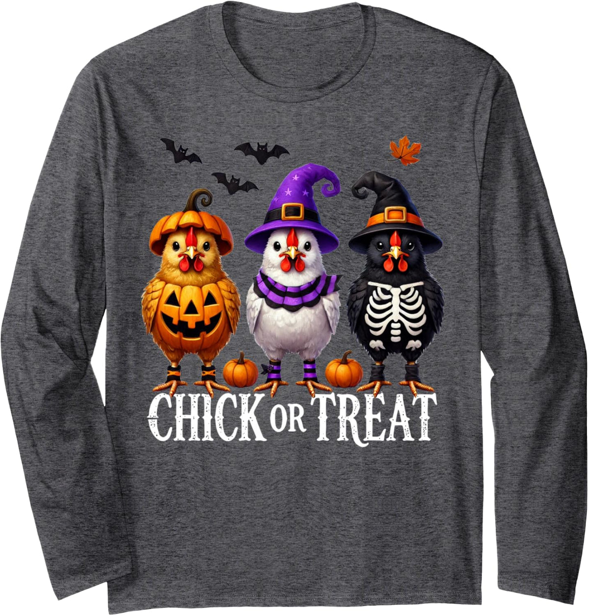 Chick Or Treat Spooky Witch Mummy Chicken Funny Halloween Long Sleeve T-Shirt - Adult Unisex Dark Heather Grey