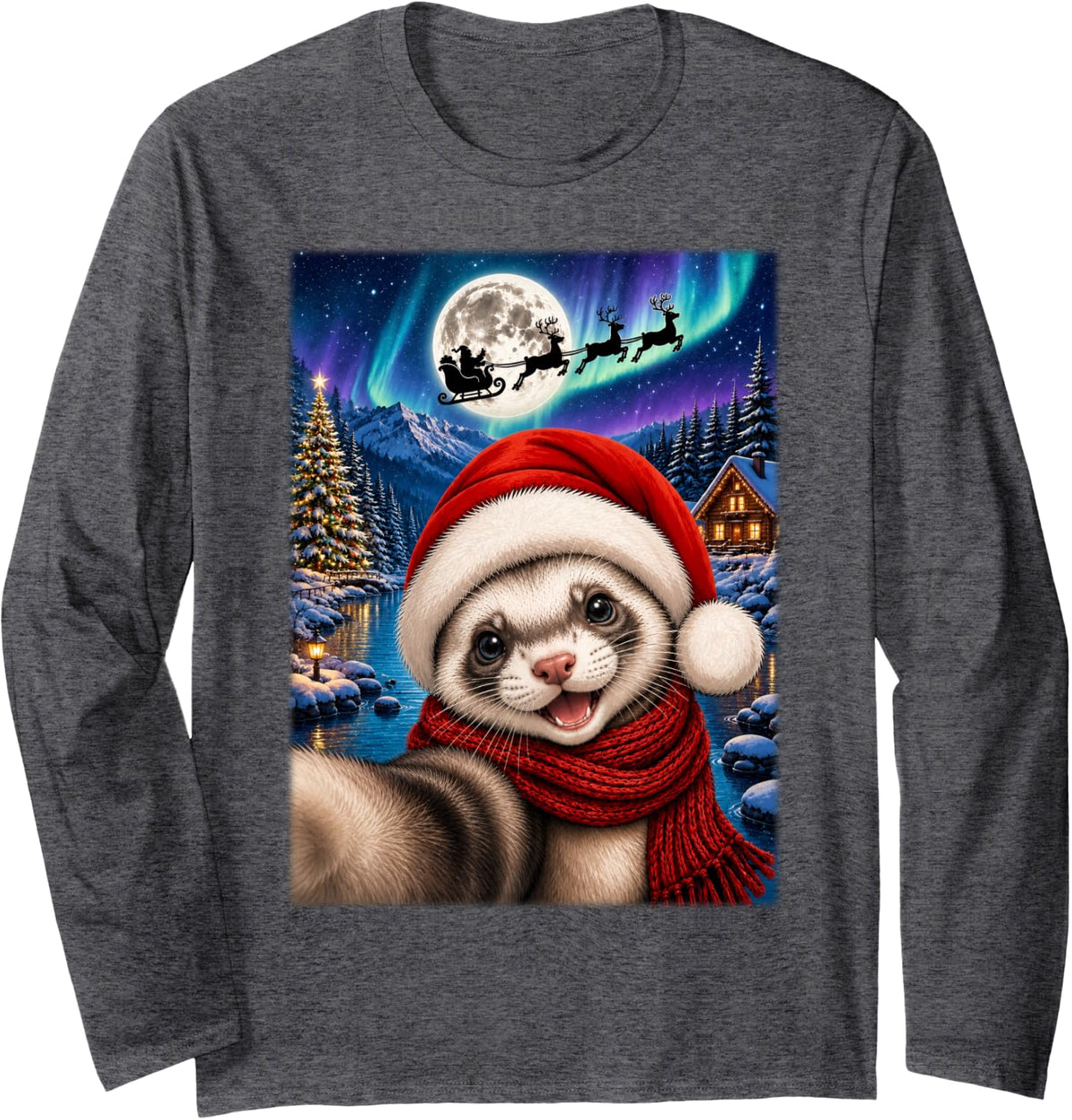 Ferret Christmas Selfie Full Moon Night Santa Sleigh Xmas Long Sleeve T-Shirt - Adult Unisex Dark Heather Grey