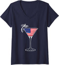 Womens July 4th USA American Flag Funny Gift Cocktail Martini V-Neck T-Shirt - Navy Blue