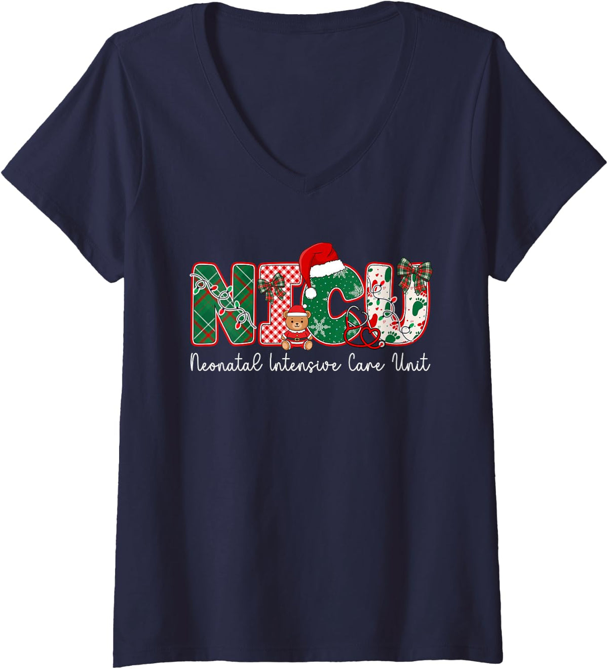 Women's NICU Christmas Neonatal Intensive Care Unit Xmas Party V-Neck T-Shirt - Navy Blue