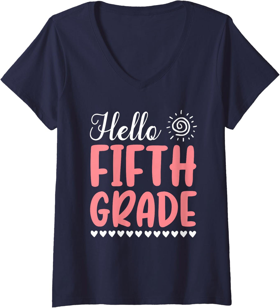 Women's Hello Fifth Grade Back to School Students Teachers Funny V-Neck T-Shirt - Navy Blue