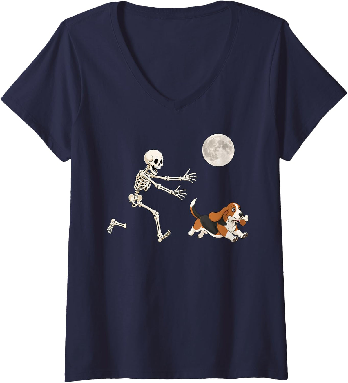 Women's Basset Hound Running Skeleton Retro Halloween Dog V-Neck T-Shirt - Navy Blue