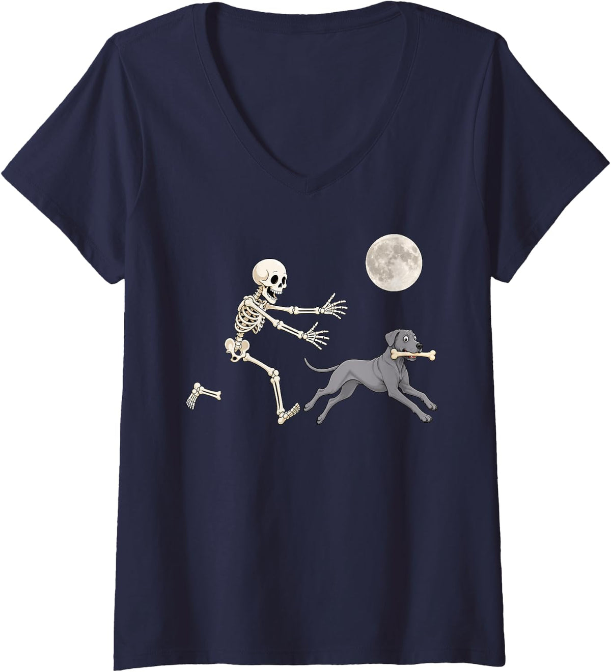 Women's Great Dane Running Skeleton Retro Halloween Dog V-Neck T-Shirt - Navy Blue