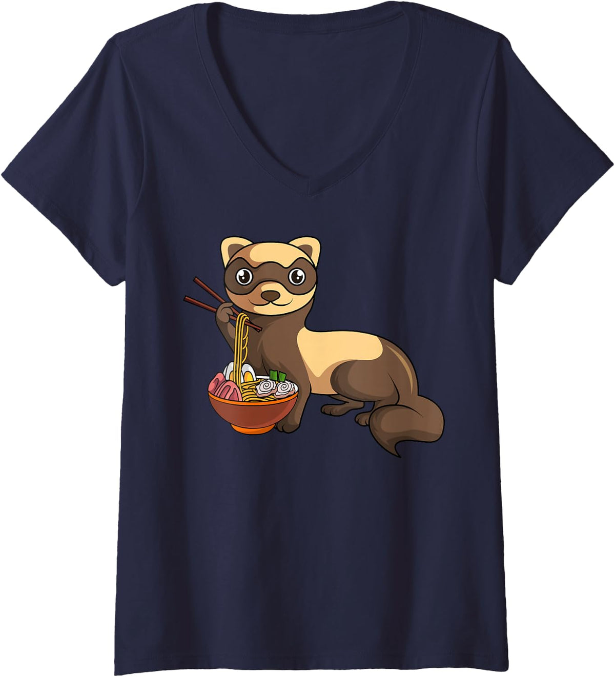 Women's Ferret Japanese Noodles Kawaii Ramen V-Neck T-Shirt - Navy Blue