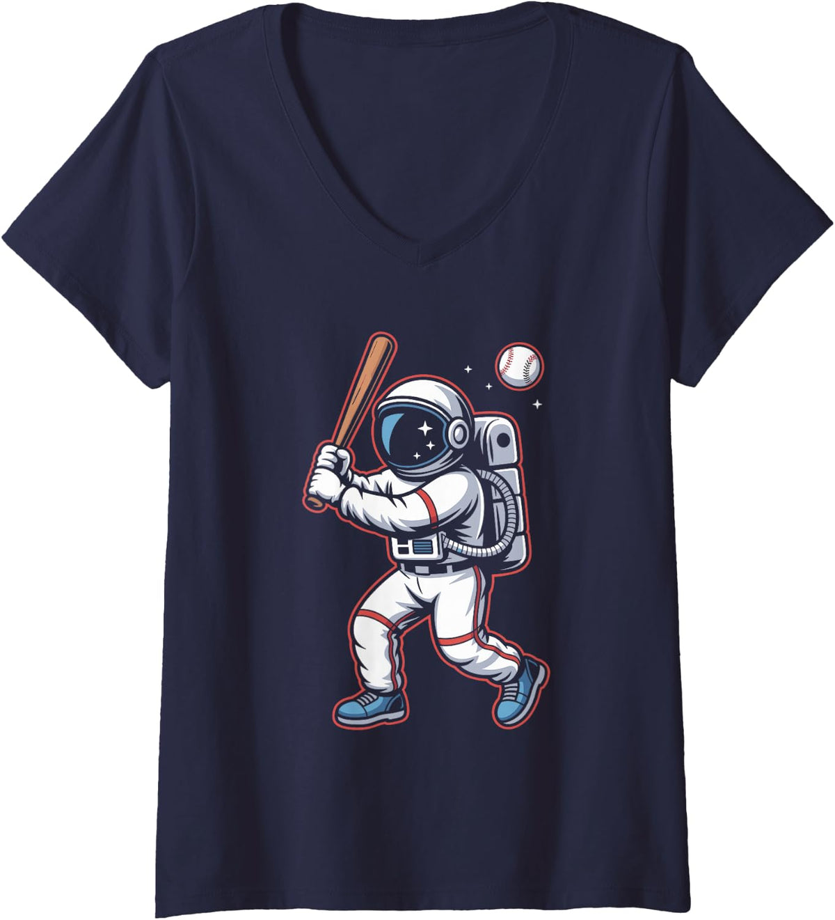 Women's Space Batter Astronaut Hitting On Lunar Surface V-Neck T-Shirt - Navy Blue