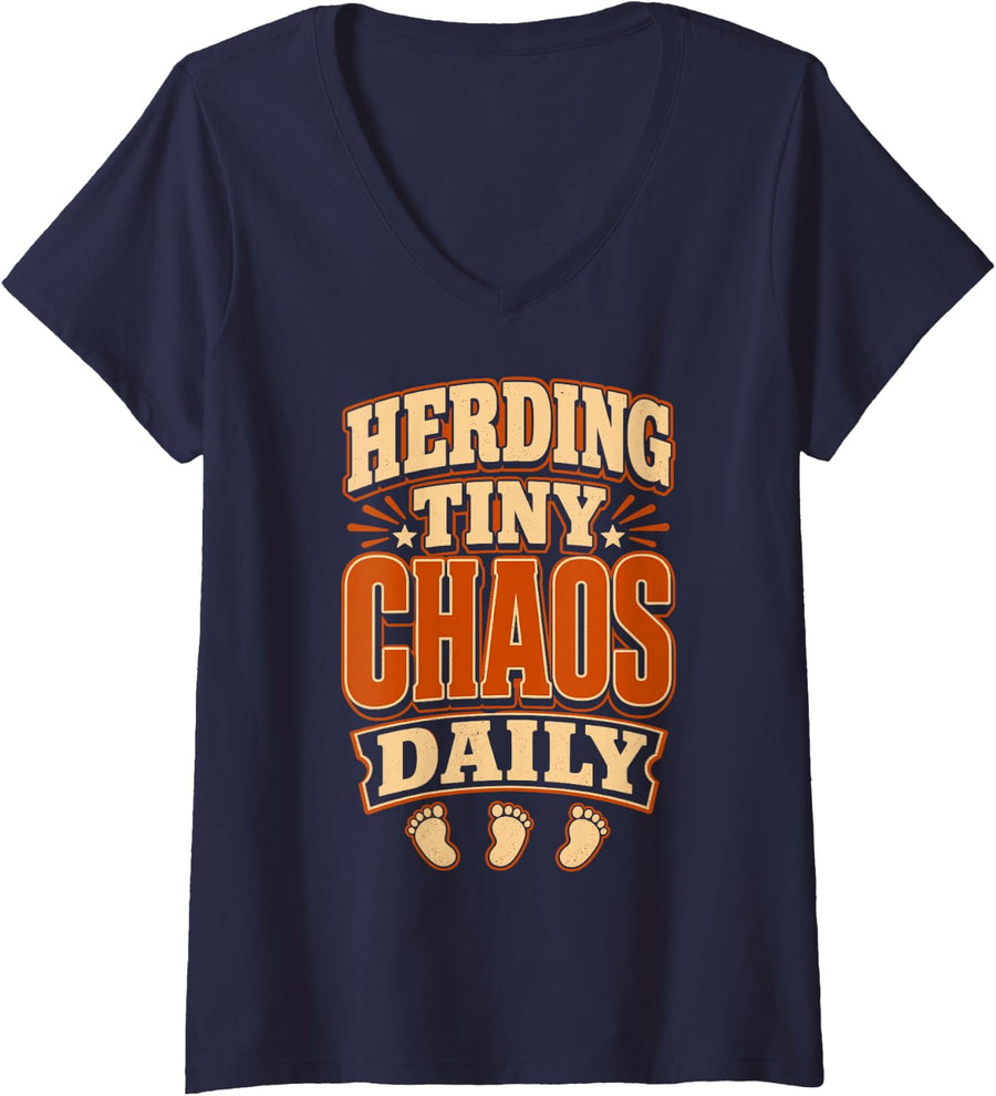 Women's Preschool Herding Tiny Chaos Daily Kindergarten Fun V-Neck T-Shirt - Navy Blue