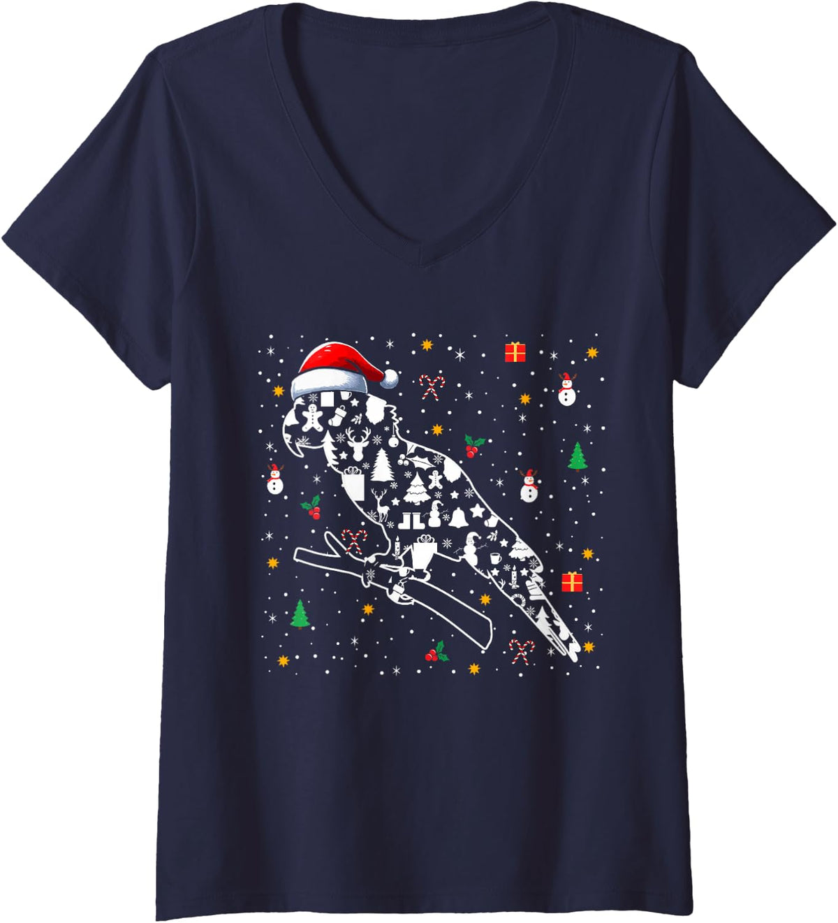 Women's Christmas Symbols Santa Parrot Cute Shape Matching Kids V-Neck T-Shirt - Navy Blue