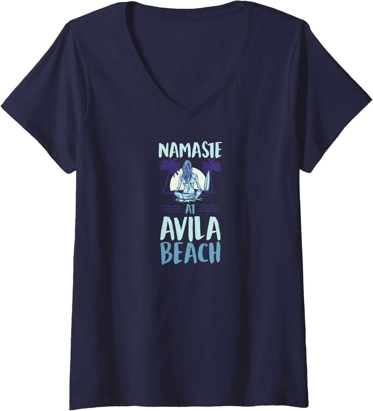 Women's Namaste At Avila Beach California Yoga At The Beach V-Neck T-Shirt - Navy Blue